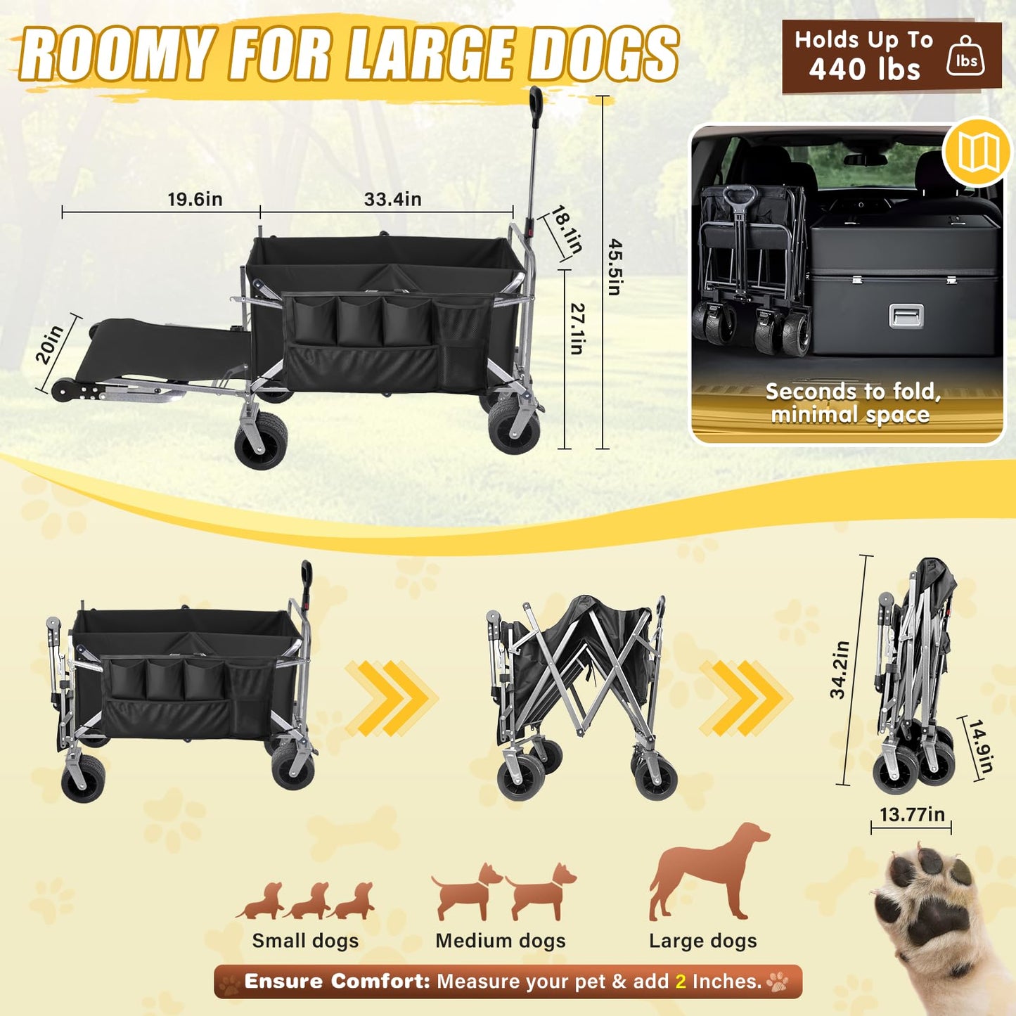 nuzzpawur Dog Wagon for Large Dogs Up to 400 lbs, Foldable Dog Stroller for Medium to Large Dogs with Tailgate, Pet Carts with Wheels for Walking, Beach, Garden, Camping, Sport, Black L