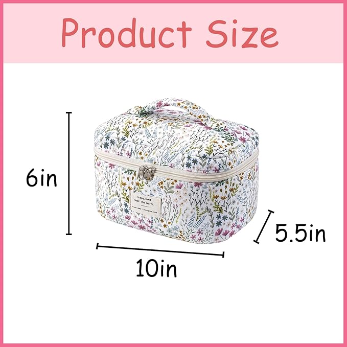 uekeboag Large Travel Quilted Makeup Bag for Women, Floral Cotton Cosmetic Bag, Coquette Aesthetic Floral Toiletry Organizer Bag