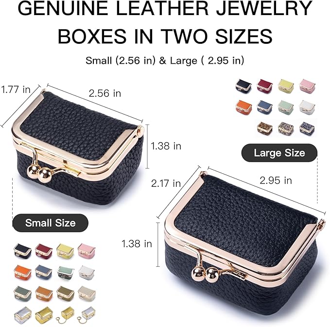 Genuine Leather mini Jewelry box, Portable Travel Jewelry case - Vintage mini Organizer with Kiss Lock for Rings, Earrings, Necklace, Bracelet | Gift for Women (Elephant gray S 2.56in)
