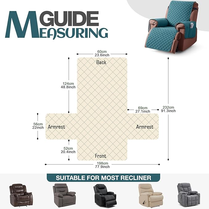 KinCam 100% Waterproof Recliner Chair Cover, Reclining Couch Covers for Pets, Dogs, Recliner Couch Slipcover Furniture Protector with Elastic Straps for Kids(23.6", Peacock Blue)