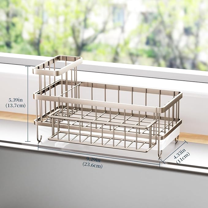 Consuemst Sponge Holder for Kitchen Sink - Auto Draining Sink Caddy Organizer with Detachable Rack, High Brush Holder, Kitchen Countertop Storage Accessories, Sand Nickel