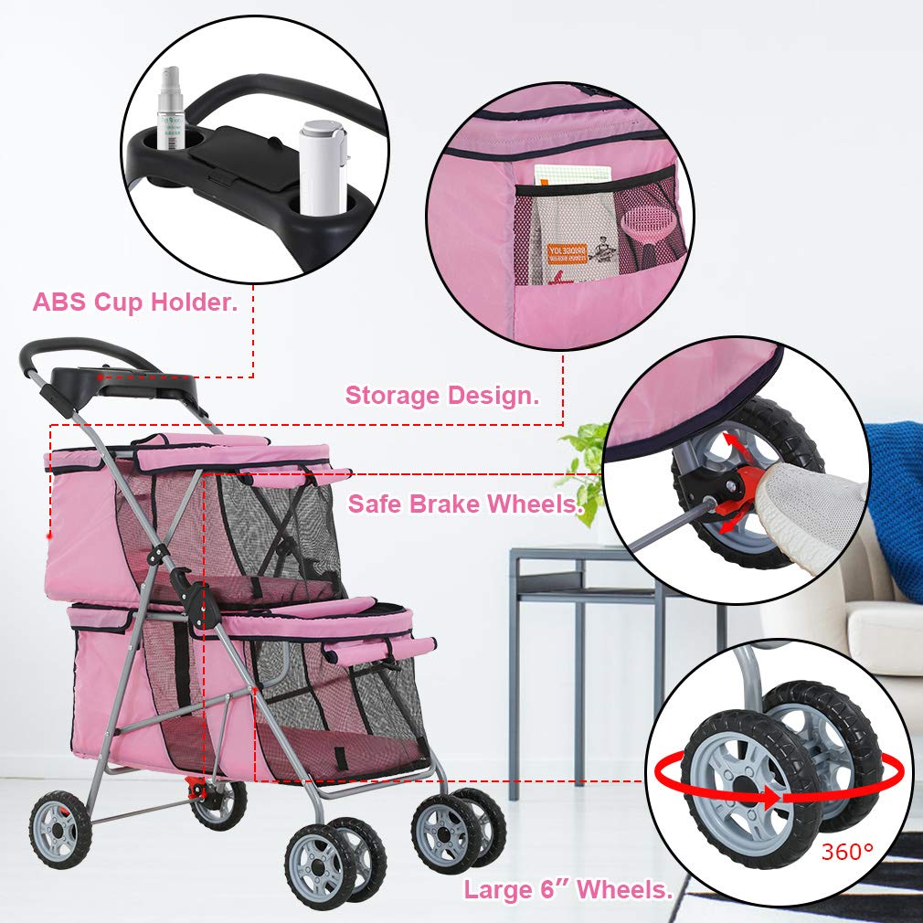 Dog Stroller Cat Pet Carriers for Small Medium Dogs Cats Travel Camping 4 Wheels Lightweight Folding Crate Stroller with Soft Pad (Pink)