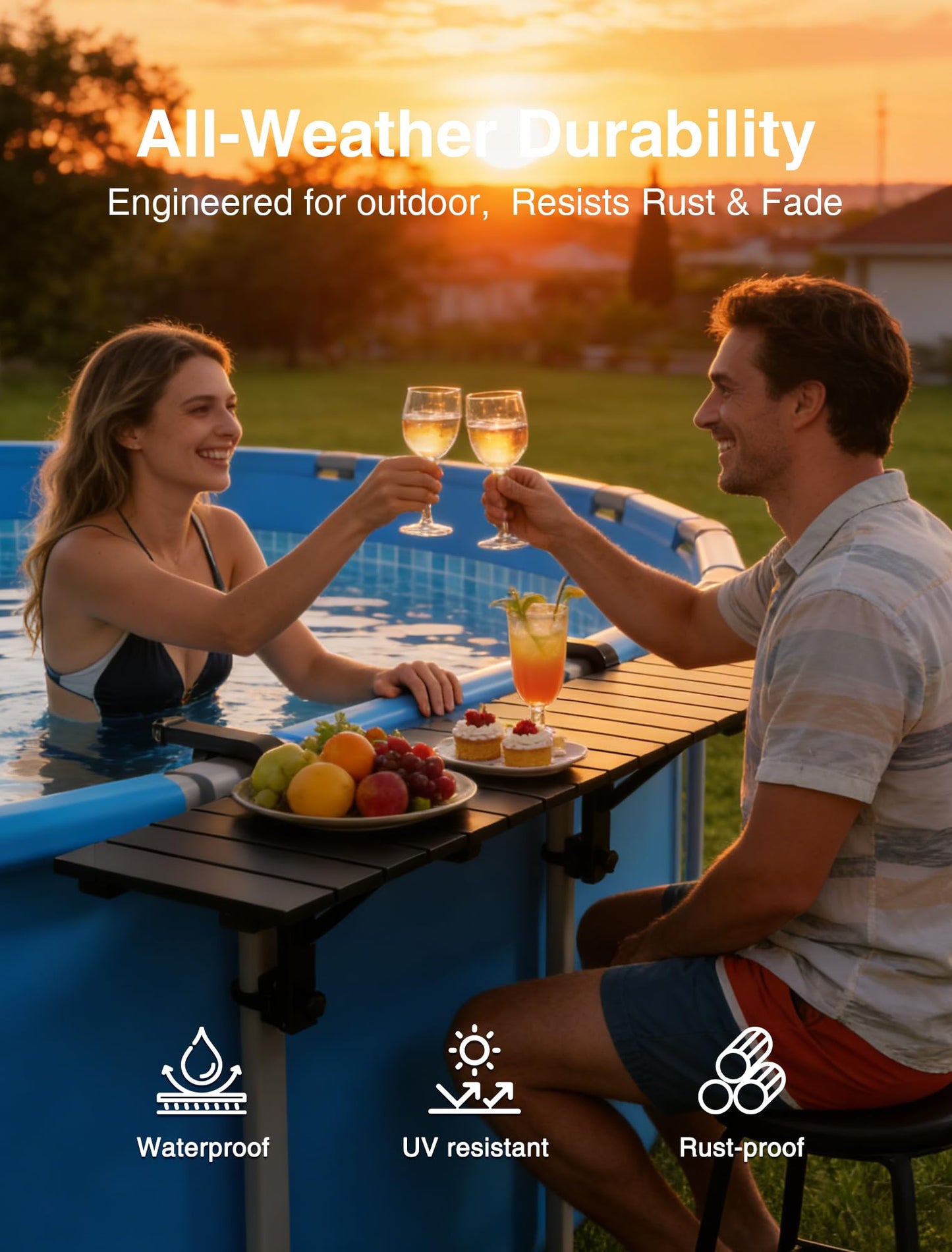 Kompoll Pool Bar Heavy Duty & Stable Poolside Bar for Above Ground Pool, Fits Top Rails up to 4.48" or Less, Holds 110 lbs, 49" x9.6" Swim Up Bar for Frame Round & Oval Above Ground Pools Accessories
