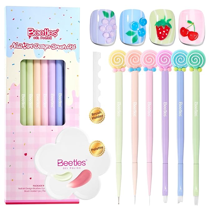 Beetles Spring Nail Art Brushes 6pcs Ã¢ÂÂ Sweet Swirl Nail Art Tools Liner Brushes for Nails Dotting Tool Gradient French Manicure Design Pen with Floral Palette, Brush Holder, DIY Gift for Women