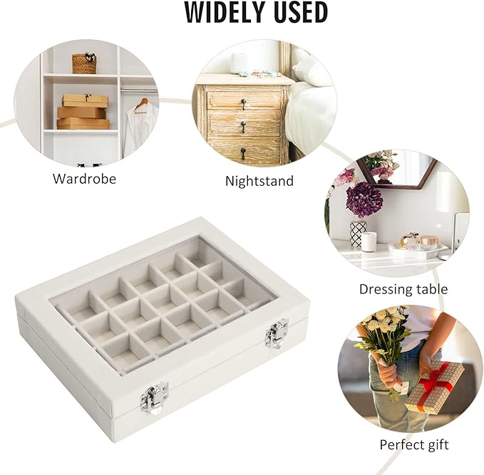 Velvet Jewelry Box 24 Grid Jewelry Ring Display Organiser Box Tray Holder Earrings Storage Case for Girls Wife Mom Women (Beige)