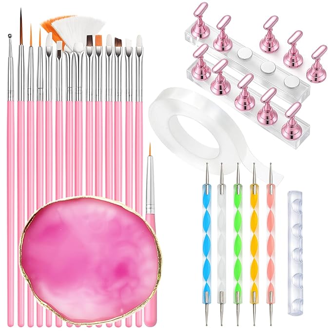 Nail Art Tools Set, 15 Pcs Nail Art Brushes, 5 Double Ended Dotting Pens, Mixing Palette, Nail Brush Holder, 10 Nail Stands & Tape for Press on Holder, Suit for Nail Tech & Beginners