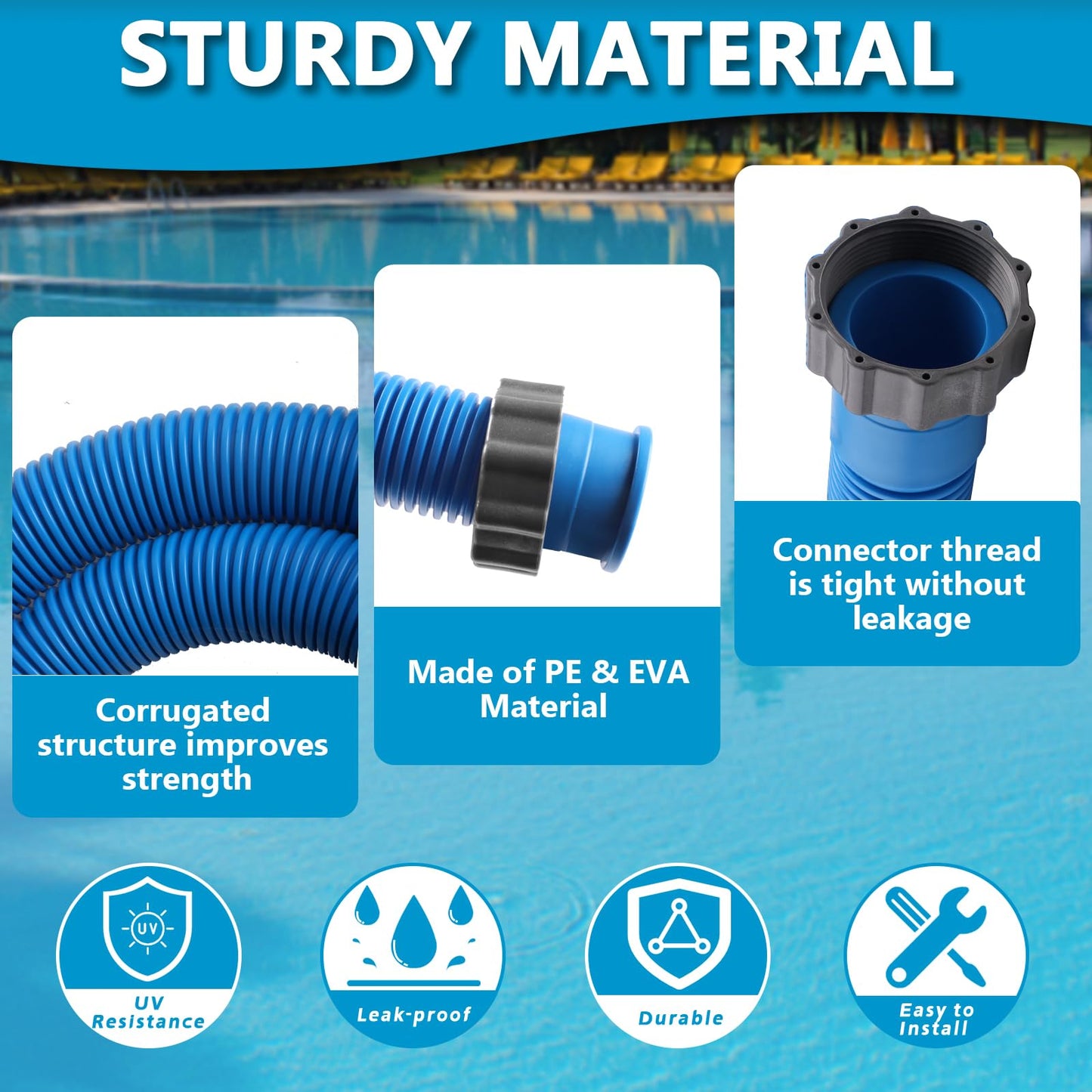 2 Pcs 1.5 Inch Hoses for Above Ground Pools - 1 1/2 Inch Diameter, 59" Long Pump Hose Replacement Filter Accessories