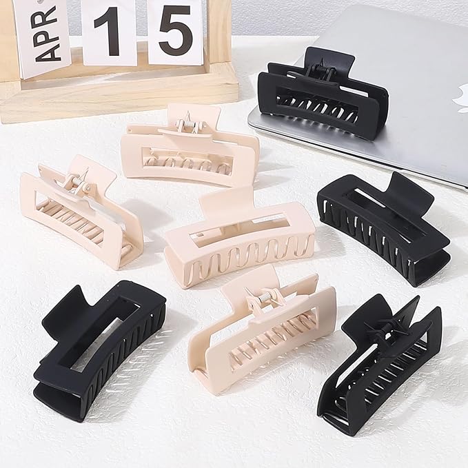 8 Pcs Large Hair Claw Clips 4.1 Inch Non-slip Big Square Matte Hair Claws for Women, Strong Hold Banana Clip for Thick Thin Hair(White/Black)