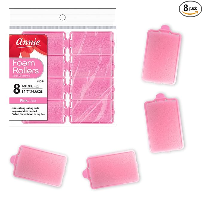 Annie Foam Hair Rollers X-Large 1 1/4 Inch, 8 Count Pink Soft Sponge Curlers for Heatless Curls & Waves, No Pins or Clips Needed, For Wet or Dry Hair, Long-Lasting Hold