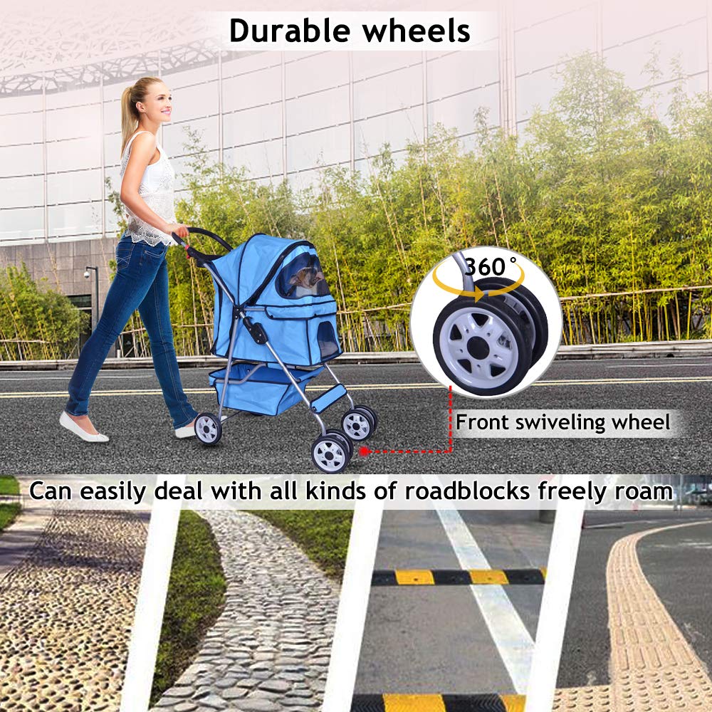 4 Wheels Pet Stroller Cat Dog Cage Stroller Travel Folding Carrier with Cup Holders and Removable Liner for Small-Medium Dog, Cat (Blue)