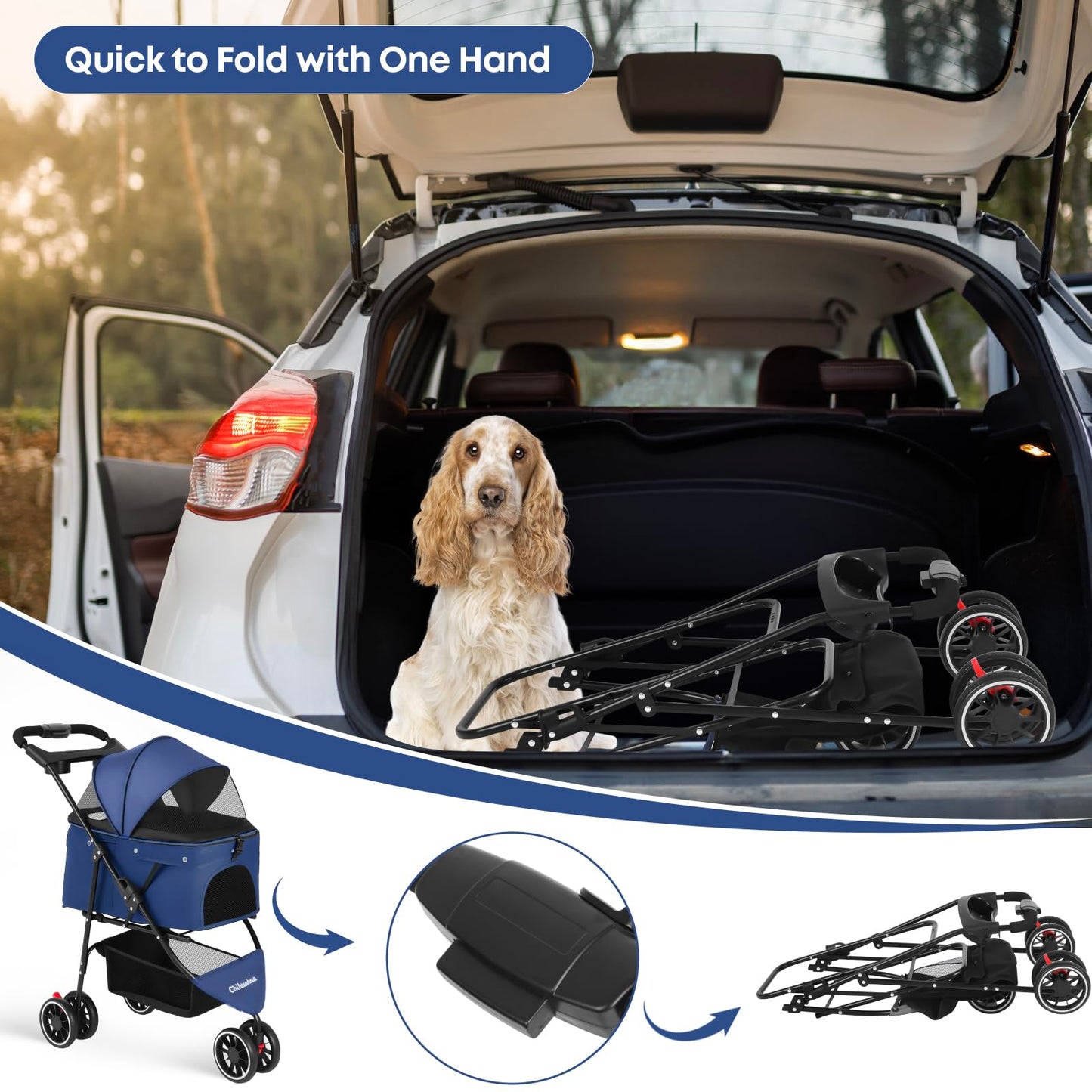 Pet Stroller,Dog Stroller for Small Medium Dogs Cats,3 Wheels,Foldable,with Breathable Mesh Canopy,Cup Holders,Easy Assembly,Navy Blue