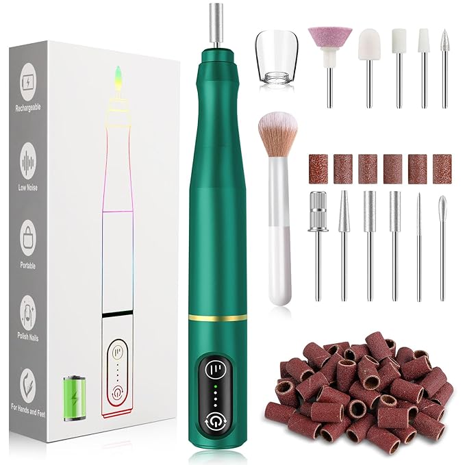 Cordless Nail Drill Electric Rechargeable File Kit, Professional Efile Acrylic Gel Nail Polish Remover Pedicure Manicure Machine Portable Set with 11 Bits 56 Sanding Bands Salon Blackish Green
