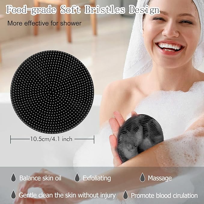 INNERNEED Food-Grade Soft Silicone Body Scrubber Shower Brush, with Scalp Massager Shampoo Brush, Wet & Dry Manual Scalp Care Hair Washing (Black)