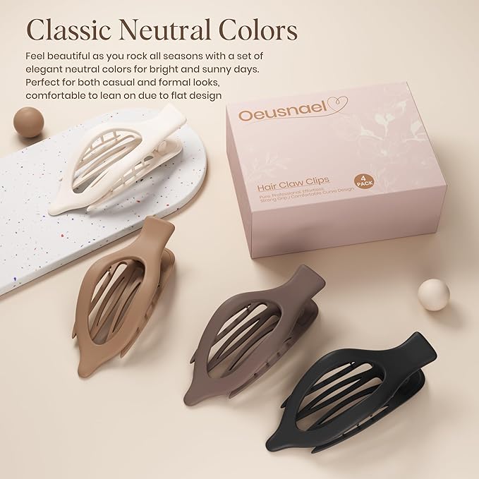 4 PCS Large Flat Hair Clips for Women Girls, French Concord Lay Down Flat Claw Clips for Thick Thin Hair, Comfortable Curved Hair Clip, Matte Non-slip Strong Hold Hair Accessories, Neutral
