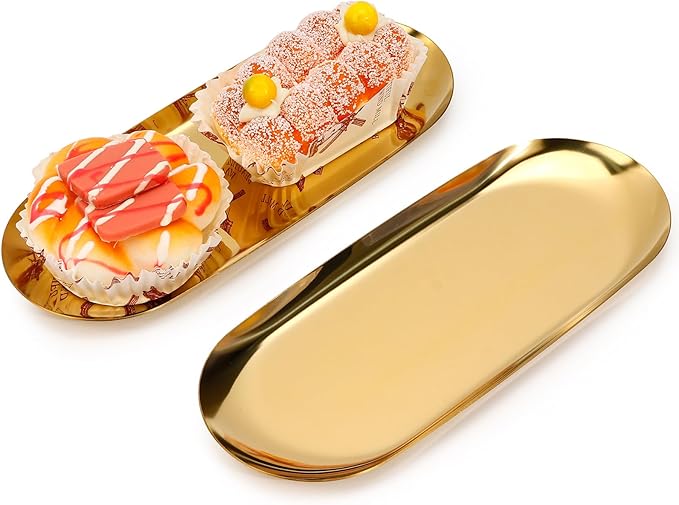 2PACK Gold Decorative Tray,Oval Stainless Steel Trays, Decorative Tray for Jewelry Dish Cosmetics Organizer Bathroom Clutter Serving Platter (Gold, 9 in)