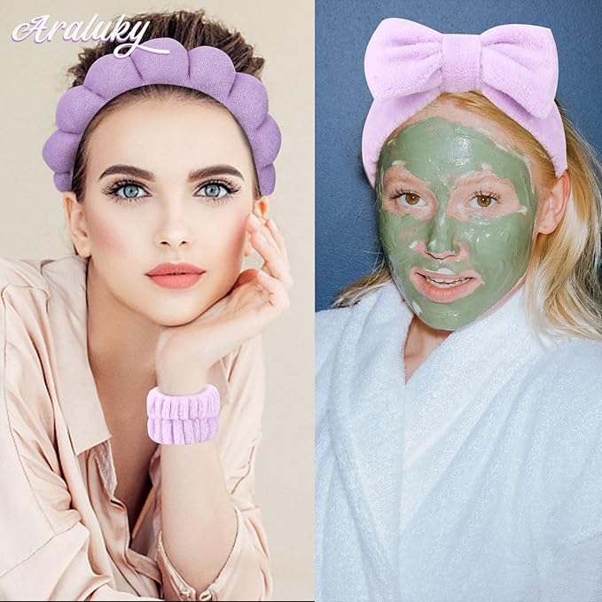 Puffy Terry Cloth Headbands & Wristbands - Sponge Makeup Removal Set for Skincare Routine and Shower