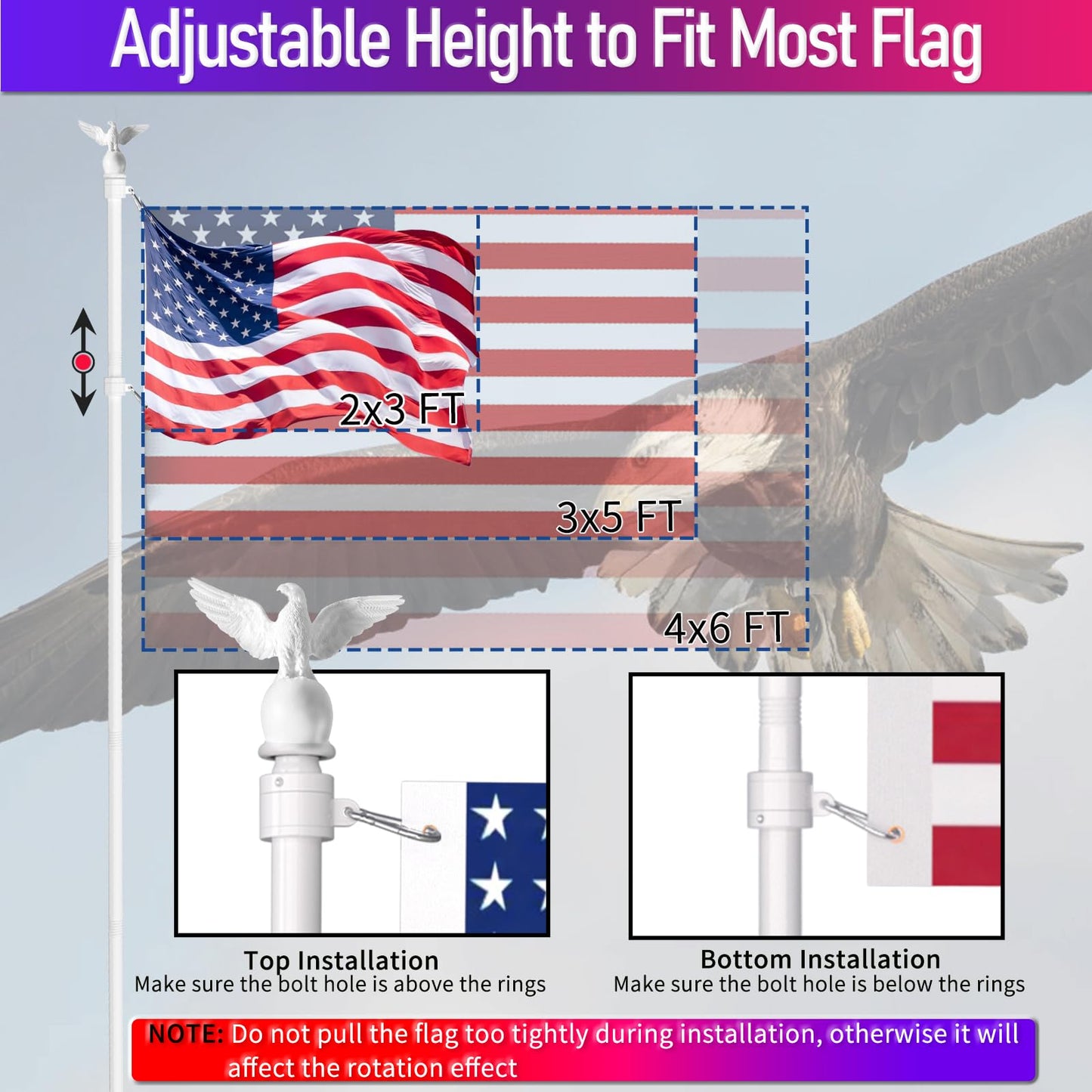 LETSTRY 5FT Flag Pole Kit for Outside House with Solar Light, 1" Thickened Stainless Steel with Adjustable Bracket, Wall Mount Flagpole for 3x5 American Flags for Outdoor, Residential, Porch (White)