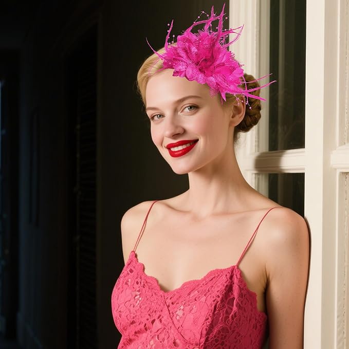 Womens Fascinators Hats Tea Party Hats for Women, Feather Pearl Veil Headband for Wedding Cocktail Dresses Accessories