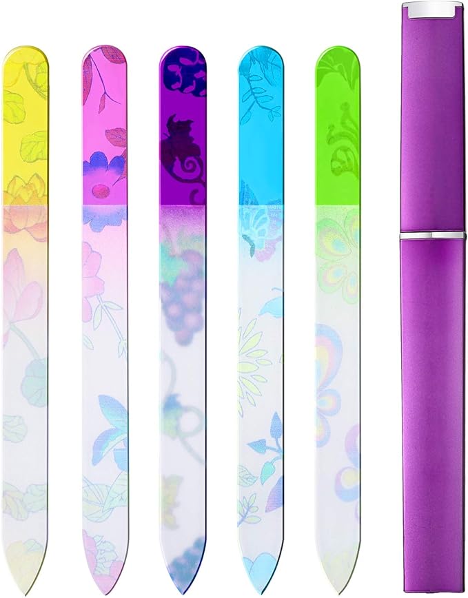 Mudder 5 Pack Glass Nail File with Case for Women Double Sided Crystal Fingernail File for Natural Nails Manicure Care Women Gift(Classic Pattern)