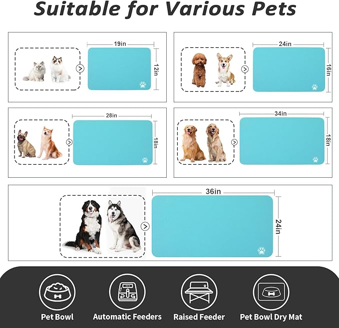 Dog Food Mat - Absorbent Cat Mat for Food and Water, No Stains Pet Feeding Bowl Mat, Easy to Clean Pet Placemats, Quick Dry Dog Water Dispenser Mat for Messy Drinkers | Paw Teal 18"x34"