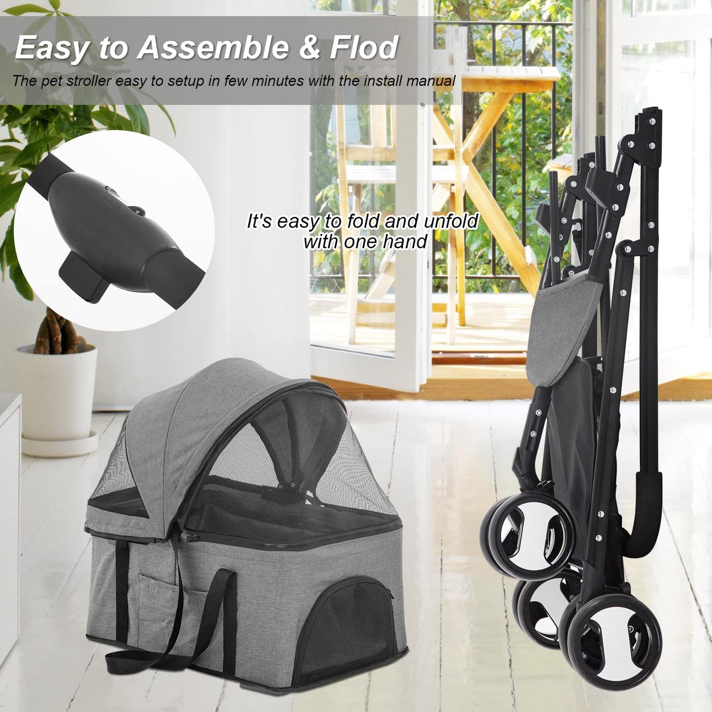 BestPet 3-Wheels Pet Stroller - Dog & Cat Premium 3-in-1 Multifunction Detachable Carrier Lightweight Folding Travel Stroller, Grey
