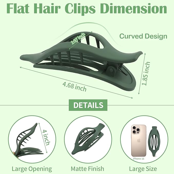 9 Pack Flat Hair Clips for Women, Matte Claw Clips for Thick & Thin Hair (Green)