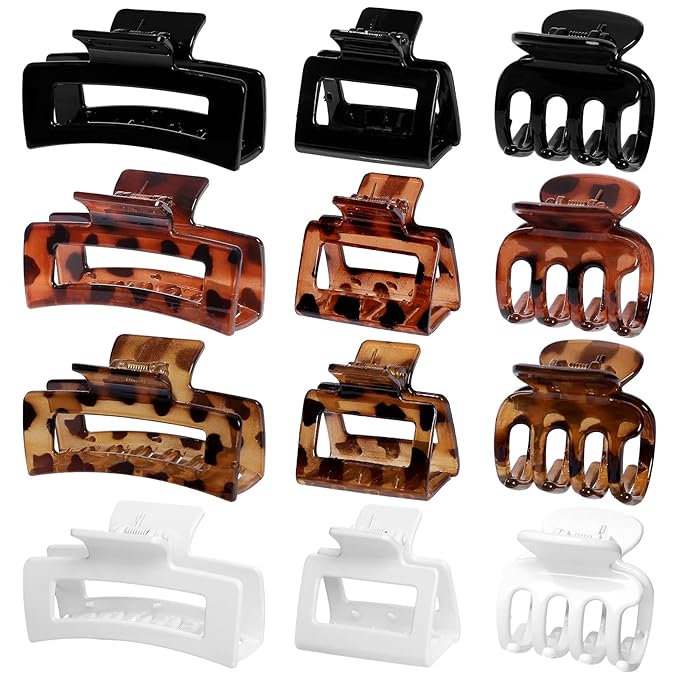 12 Pcs Hair Clips for Women 3 Styles Small Medium Large Claw Clips for Thin Thick Curly Hair, Strong Hold Hair Claw Clips, Stylish Plastic Hair Accessories Ideal Gifts for Women (Tortoise)