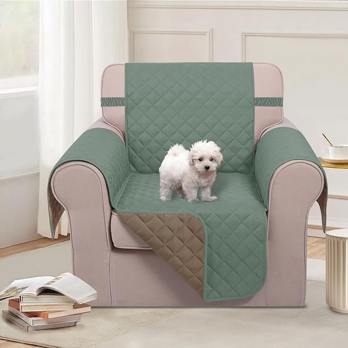 U-NICE HOME Recliner Chair Covers Reversible Chair Cover Pet Covers for Dogs with Elastic Straps Water Resistant Diamond Quilted (23''Armchair, Greyish Green/Taupe)