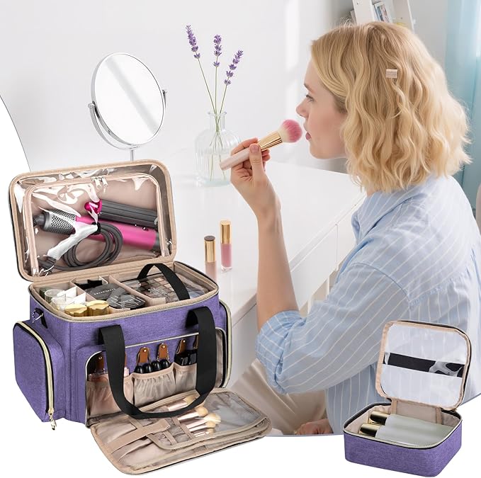 GDNasist Large Makeup Bag, Portable Travel Makeup Bag Organizer for Women Girls with 2 Removable Pouches & Detachable Dividers, Cosmetic Travel Bag, Toiletry Bag for Makeup and Hair Supplies, Purple