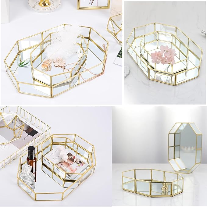 Hipiwe Mirror Glass Vanity Tray - Gold Ornate Makeup Tray Vintage Octagonal Perfume Tray Dresser Trays Jewelry Trinket Organizer for Bathroom Storage Trays for Home Decor