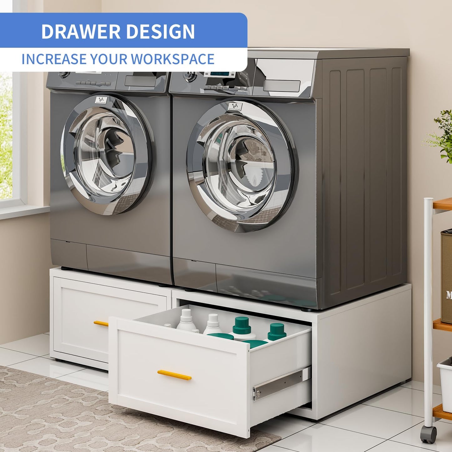 IYANEN 28” W Washer Dryer Pedestal, Heavy Duty Metal Washer Pedestal with Drawer, 440LBS Universal Laundry Pedestal, Washing Machine Stand with Adjustable Feet, 16'' Height (1pack-White)