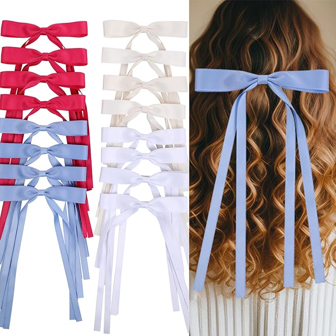 Hair Bows Clips Coquette Ribbon Bowknot with Long Tail Princess Hair Bows French Barrettes Hair Accessories for Women Girls 16PCS (Rose red, Cream,White, Blue)