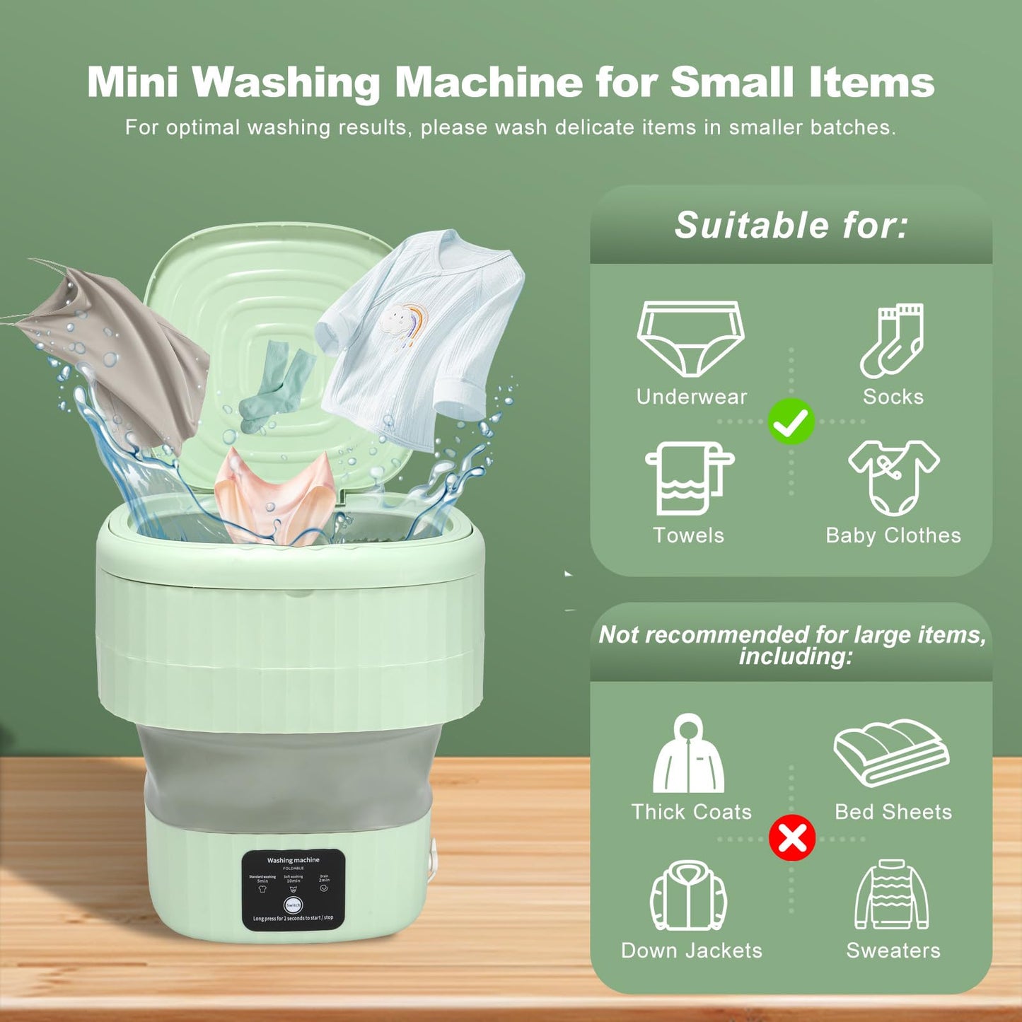 Mini Portable Washing Machine, 9L, 3 Modes, Blue Light Disinfection, Ideal for Underwear, Socks, Baby Clothes. Foldable for Space-Saving, Perfect for Apartments, Hotels, Camping & Travel (Green)