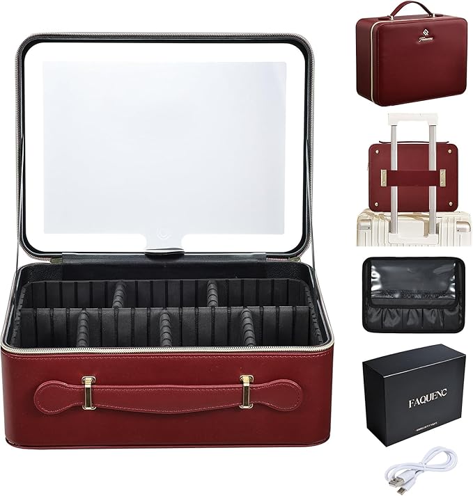 Faquenc Leather Makeup Case with LED Lighted Mirror 11.4 Inch Travel Makeup Bag Adjustable Brightness in 3 Colors Cosmetic Organizer Artist Storage Bag with Dividers Brush Holder Bag Vanity Red