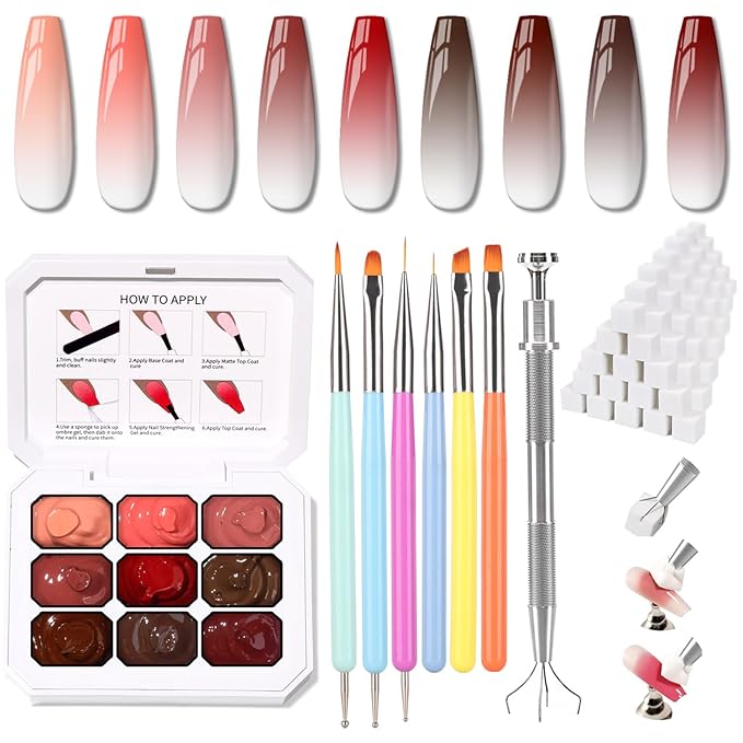 Sponges Pat Gel Nail Polish Palette, 9 Colors Blending Ombre Gel Polish Patting Gradient Painting Nails Art, No Wipe, UV/LED Cured, 100Sponges 6Brushes 1Grabber (Set 05)