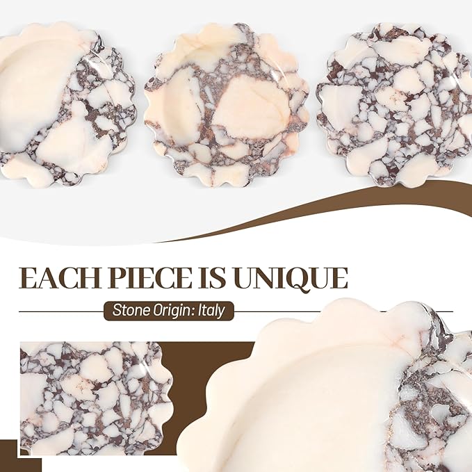 Koville 5.51" Scalloped Calacatta Viola Marble Tray, Round Stone Jewelry Trinket Dish for Ring, Natural Small Marble Tray for Bathroom Kitchen Dresser Countertop, Decorative Candle Tray