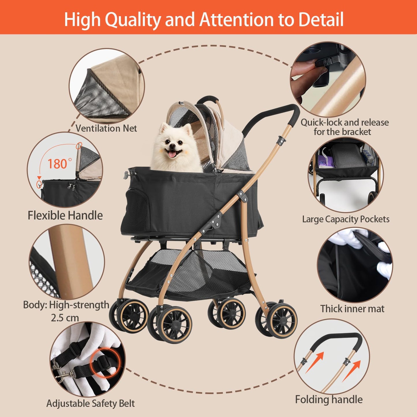 MILA&LOUIS Pet Stroller, 22" Pet Cradle for Small Dog, Dog Stroller with 4 Pu Wheels, 10Lbs Ultra-Light Dog&Cat Stroller for Small Pets, Max 22Lbs Capacity Detachable & Foldable Design with Cup Holder
