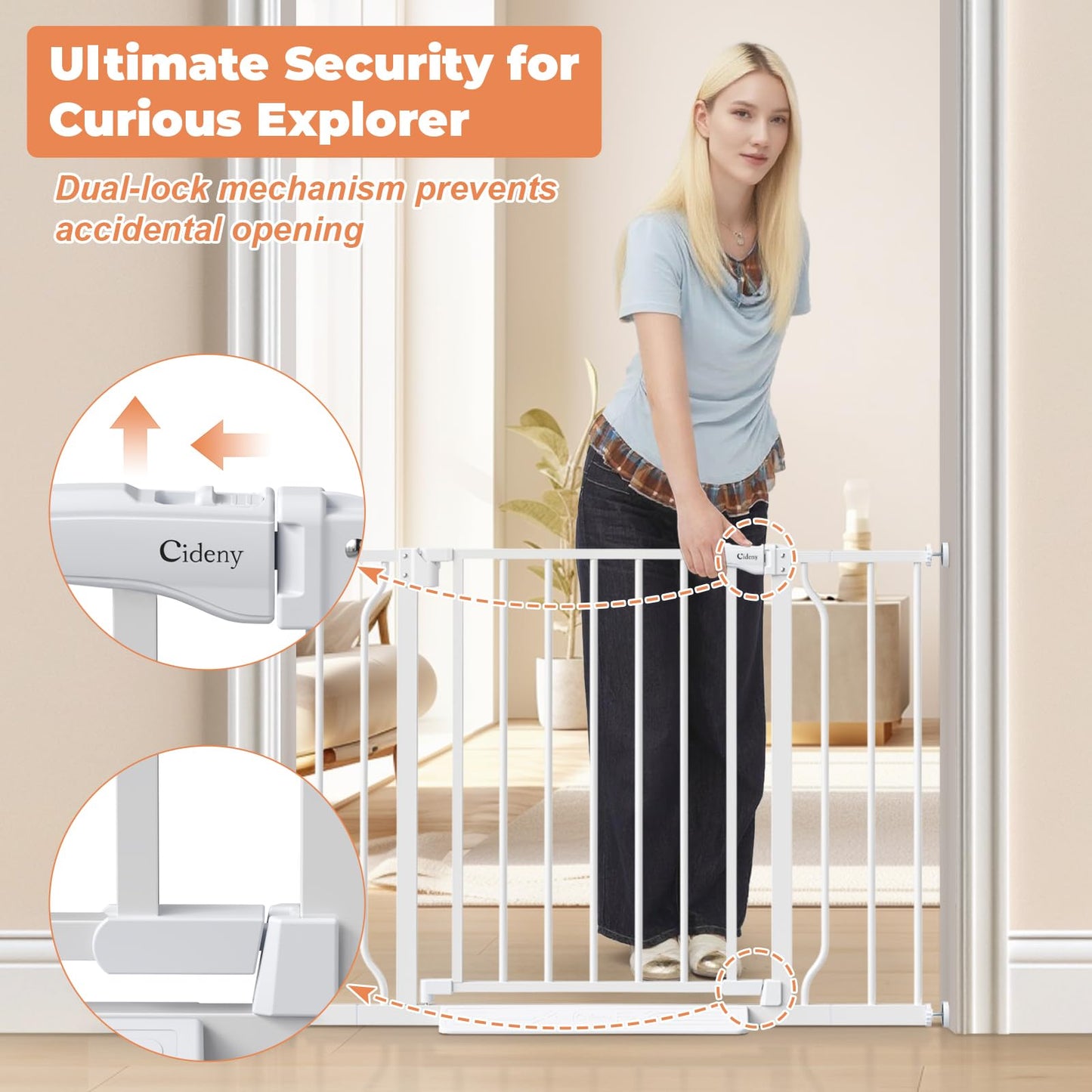 Cideny Baby Gate No Drilling, 29"-40" Auto Close Dog Gate Indoor for Doorways & Stairs, Pressure Mounted Adjustable Pet Gate, Easy Walk Through Child Gate for Children & Pets Stroller Friendly, White