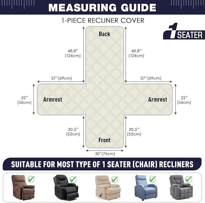 TAOCOCO Waterproof Recliner Chair Covers 30 Inch Wide, Oversized Recliner Covers for Recliner Chair with Pocket, Recliner Slipcovers with Straps Furniture Protector for Kids Pets (30'', Navy Blue)