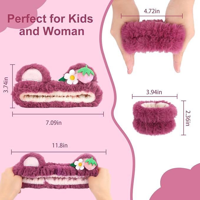 CAVETEE 3 Piece Pink Bear Ears Headband Set - Elastic Headband, Wristband for Women, Girls Wash Face, Skincare, Shower