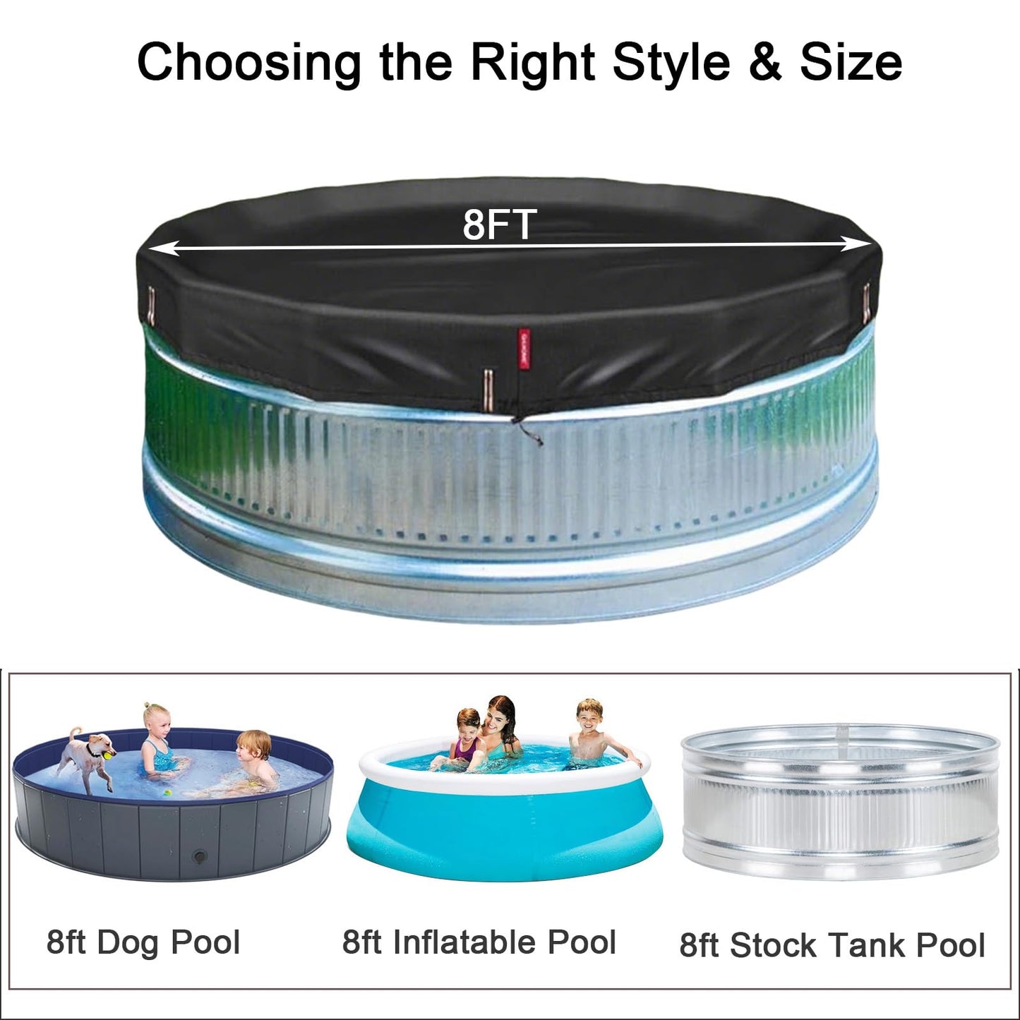 QH.HOME 8 ft Round Pool Cover,8ft Stock Tank Pool Cover - [Ultimate Windproof & Tear-Resistant Fabric], Blocks Leaves & Sun, Windproof Snug Fit with Drawstring & Weight Rings