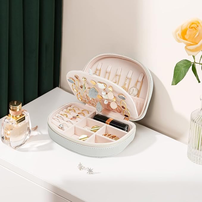 ProCase Travel Size Jewelry Box, Medium Portable Seashell-Shaped Jewelry Case, 2 Layer Mini Jewelry Organizer in PU Leather for Women -Silver