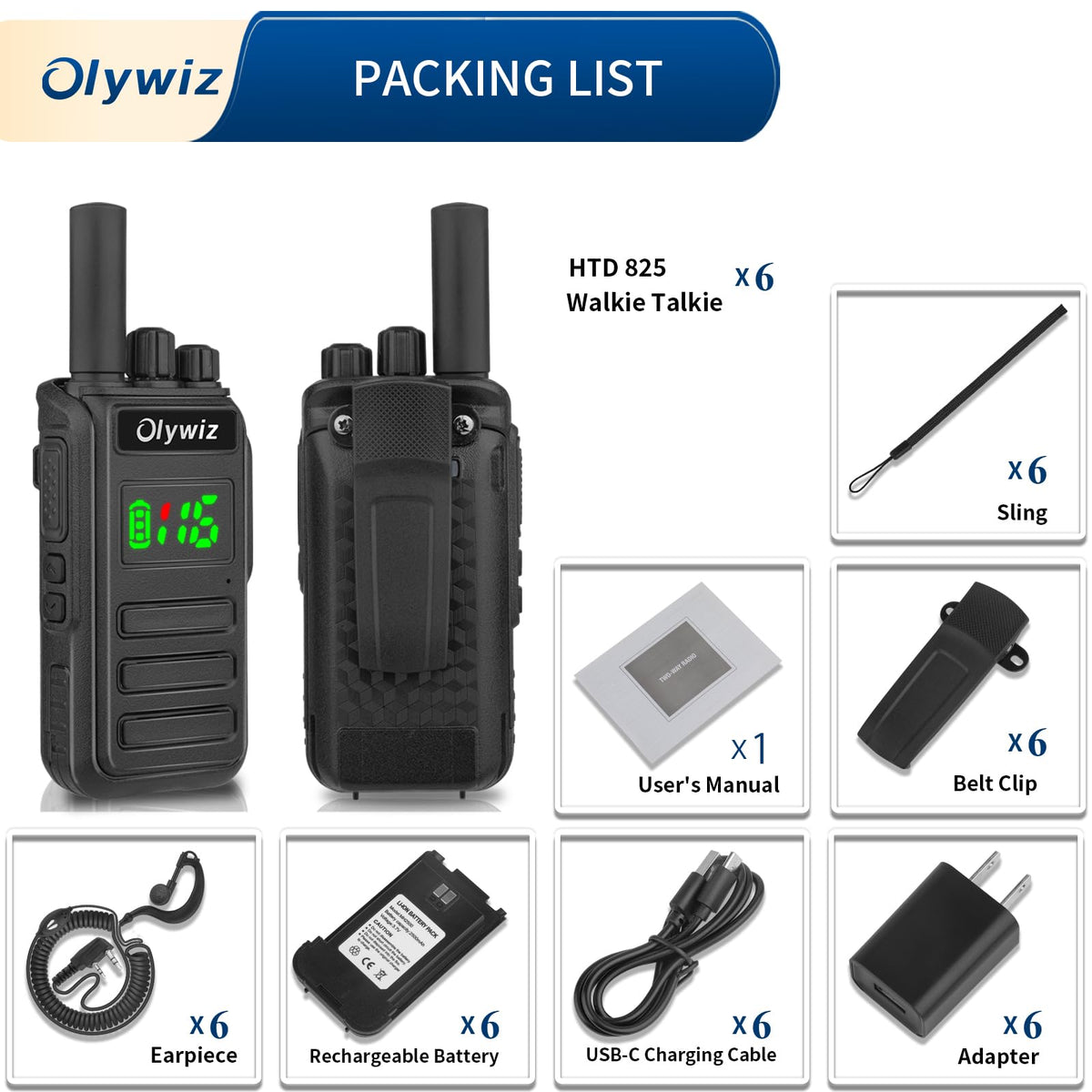 Olywiz Adult Walkie Talkies Long Range - 2 Watt Walkie Talkies Rechargeable - 6 Pack 16 Channel Two Way Radio with 2500 mAh Li-on Battery VOX GMRS USB-C for Business Commercial Work School