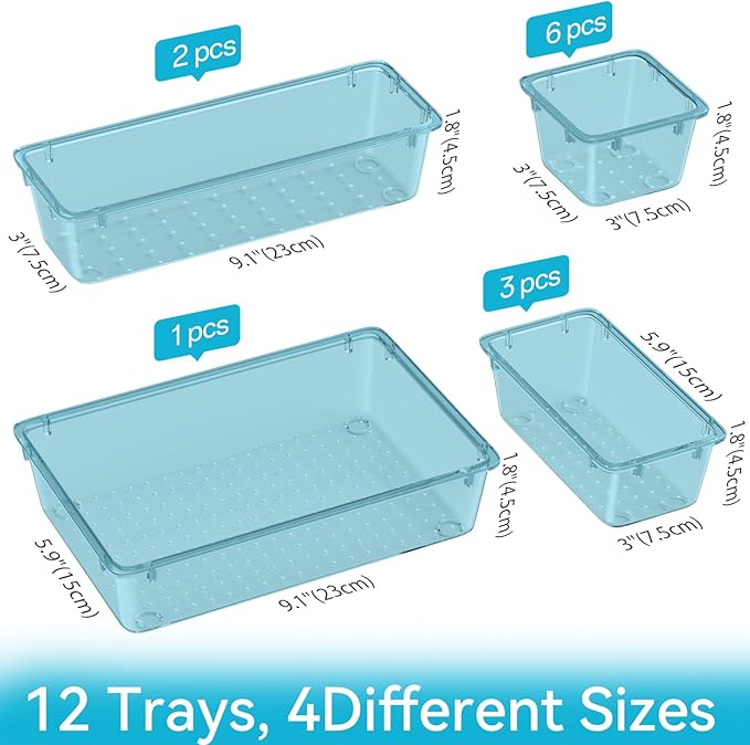 12-Piece Drawer Organizer Set, 4 Sizes Versatile Plastic Vanity Organizer for Makeup, Stationery, Gadgets, in Kitchen, Bathroom, Office, and Bedroom, Sea Blue