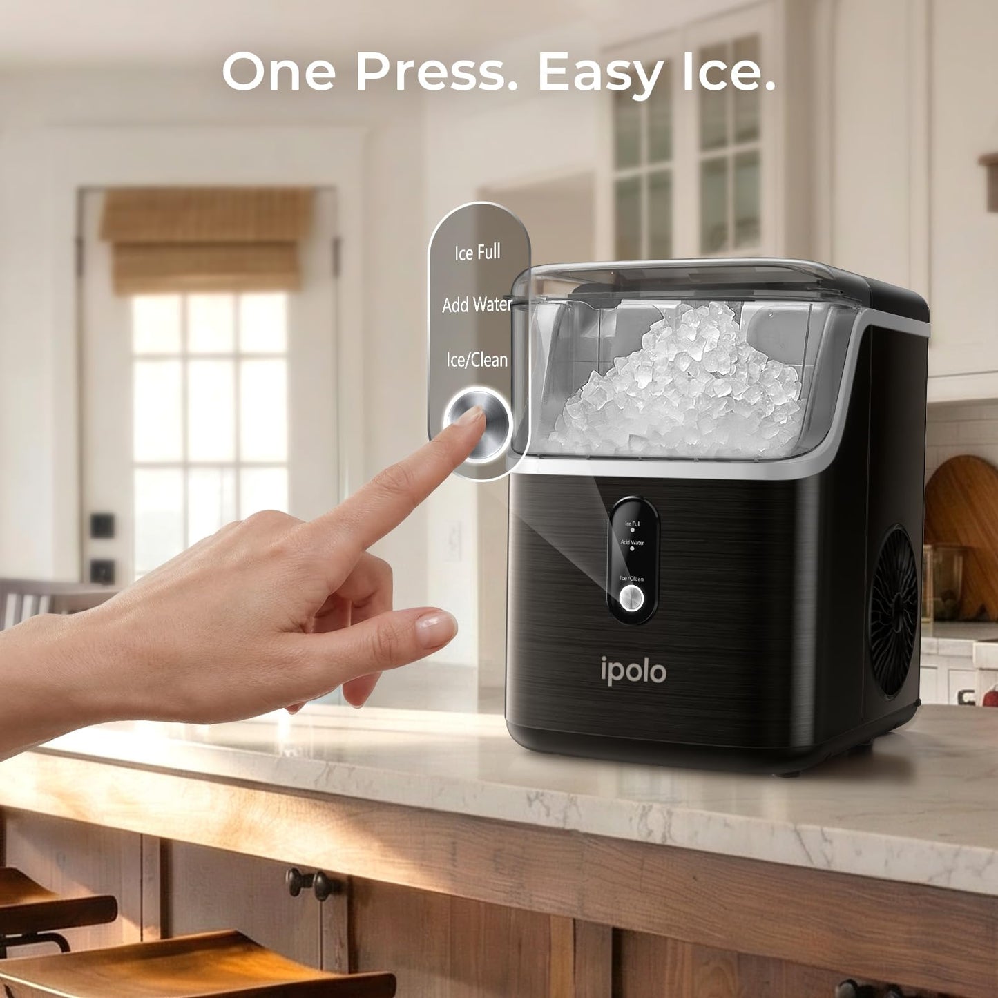 ipolo Nugget Ice Maker Countertop: 33lb/Day, Self-Cleaning, Black Stainless Steel, Portable, Soft Chewable Pebble Ice Machine for Home Kitchen, RV & Office