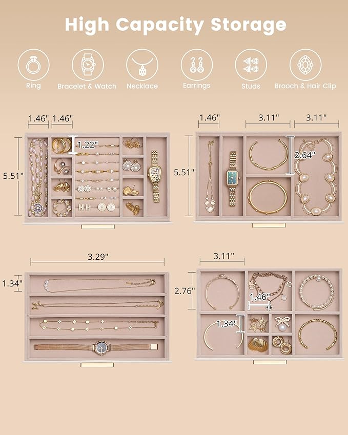 Lolalet Jewelry Box Organizer, 4-Layer Jewelry Organizers and Storage Case with Glass Lid, Ring Earring Bracelet Necklace Holder Organizer, Birthday Valentine Gifts for Women Girls -4Layer, Beige