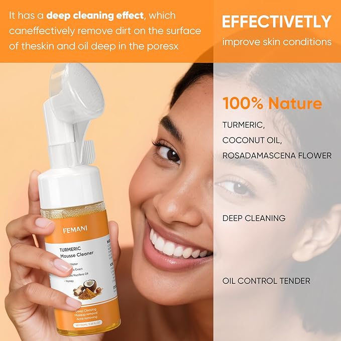 femani 2pcs Glow Wash Turmeric Face Wash With Brush, Deep Cleansing Exfoliating Foaming Facial Cleanser, Improve Skin Condition