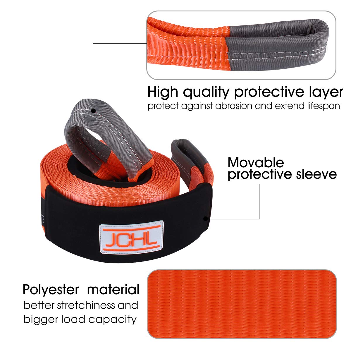 JCHL Recovery Tow Strap Heavy Duty Polyester Recovery Strap 3" x20ft 35000LBS (18TON) Rated Capacity Off Road Towing Rope, Reinforced Loops, Protective Sleeves, Storage Bag Emergency Towing Rope