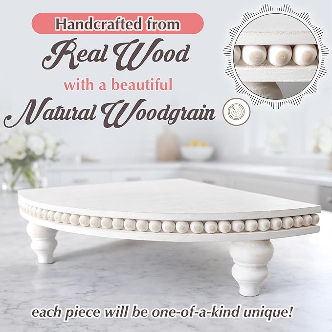 Corner Pedestal Stand Rustic Decor Riser for Display - Farmhouse Wood Rounded Beaded Tray for Kitchen and Bathroom Countertop Organizer, Coffee Bar, Plant Stand with Removable Feet (Rustic White)