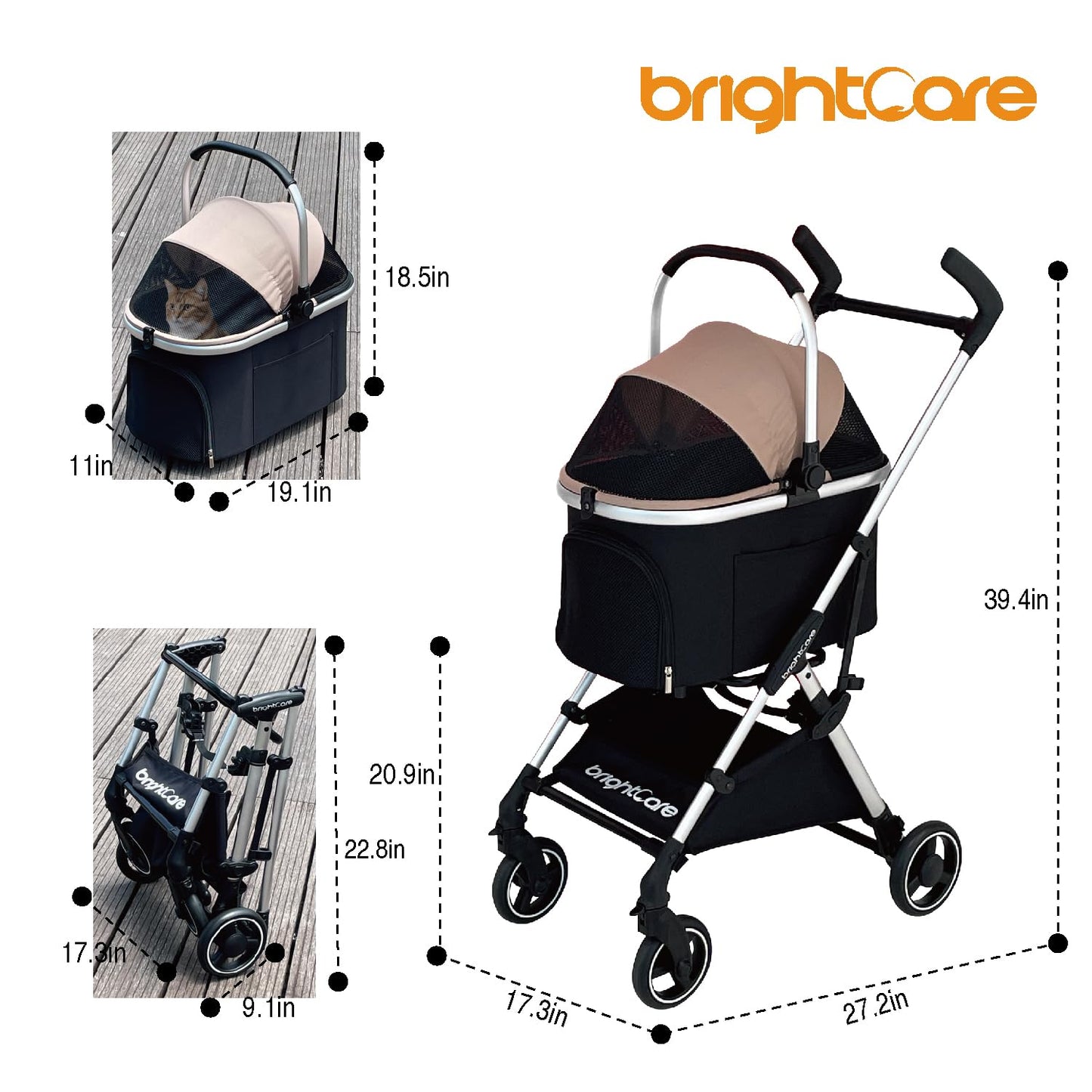 BRIGHTCARE Pet Stroller for Small Dogs & Cats Under 20 lb with Detachable Carrier, Converts to Car Seat, Ultra-Lightweight only 11lb, One Hand Fold